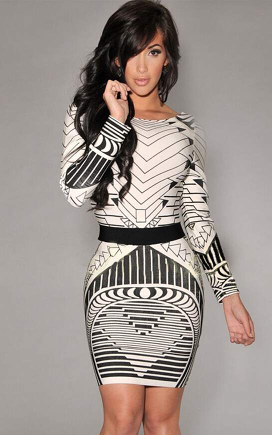 F2308 Sexy Backless Tribal Print Long Sleeve Vintage Dress